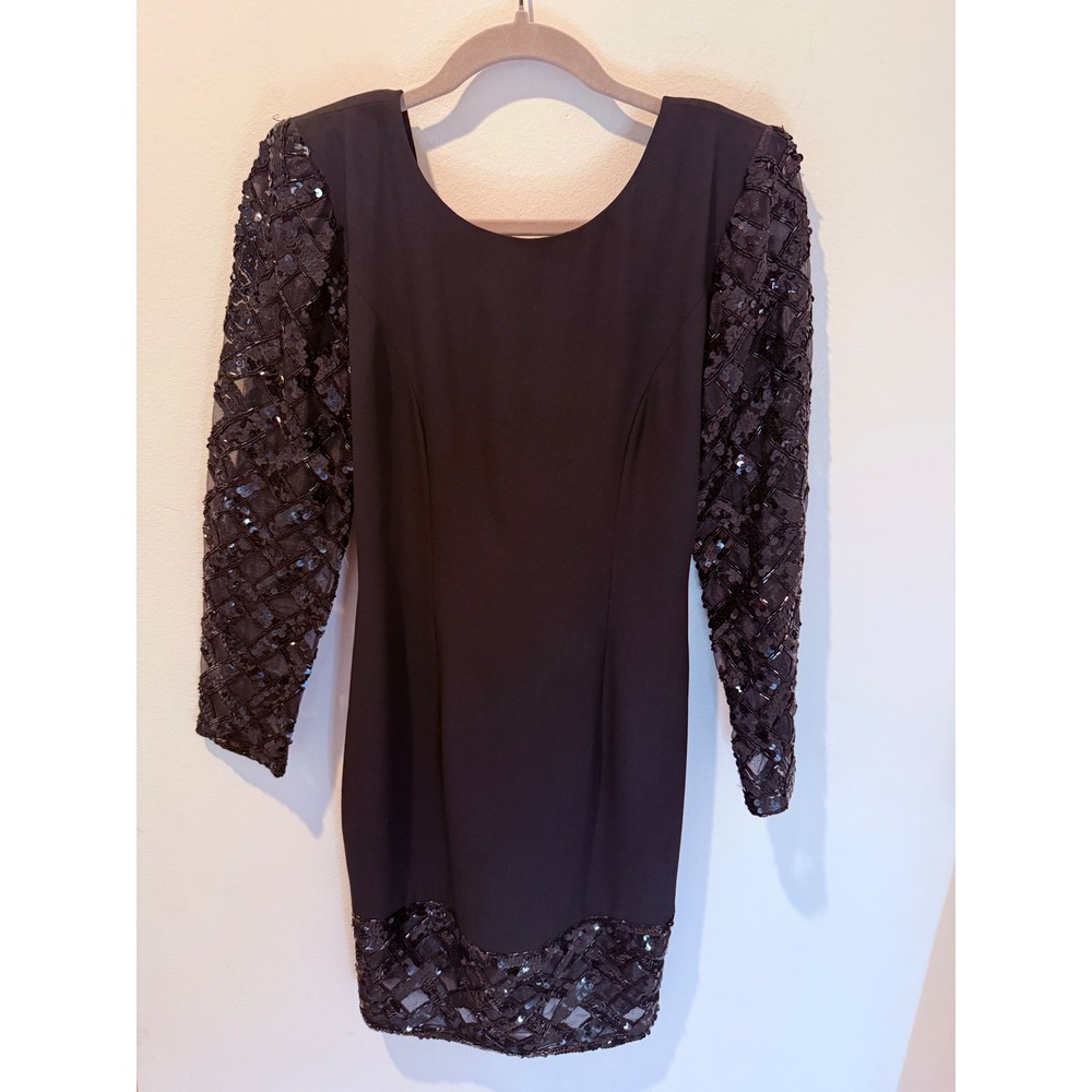 Vintage 80s Lillie Rubin Sequin Lattice Sleeve Low Back Cocktail Dress Black